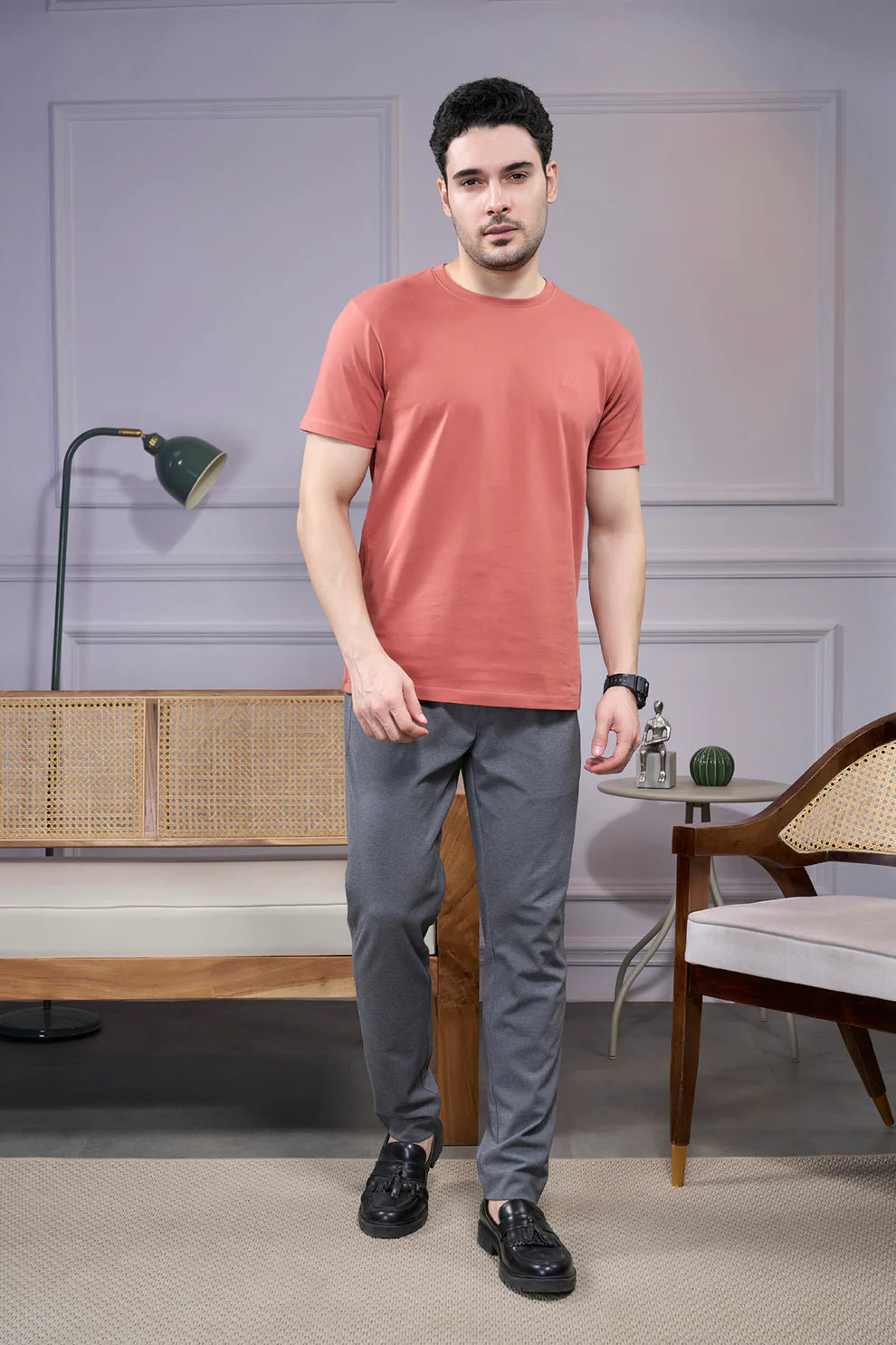 Round Neck & Half Sleeves Bio-Washed Cotton T-shirt ( Dark Peach )
