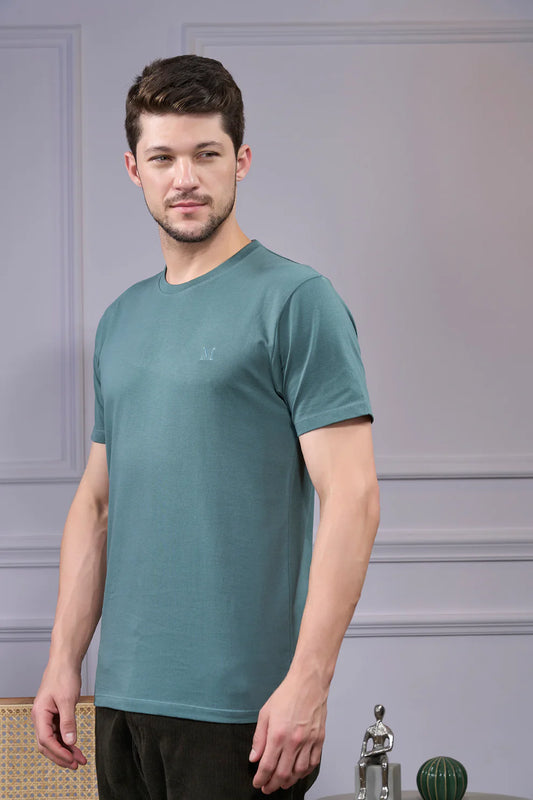 Round Neck & Half Sleeves Bio-Washed Cotton T-shirt ( Sea Green)