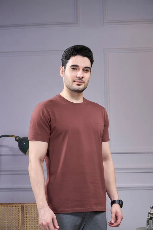 Round Neck & Half Sleeves Bio-Washed Cotton T-shirt ( Brown )