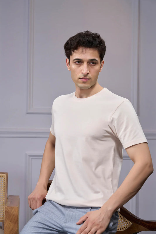 Round Neck & Half Sleeves Bio-Washed Cotton T-shirt ( Off White )