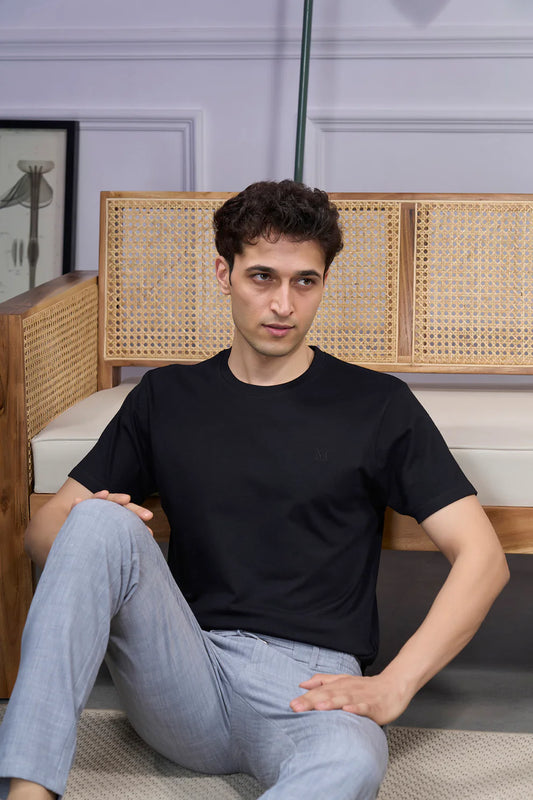 Round Neck & Half Sleeves Bio-Washed Cotton T-shirt ( Black )