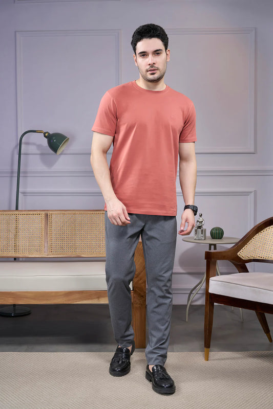 Round Neck & Half Sleeves Bio-Washed Cotton T-shirt ( Dark Peach )