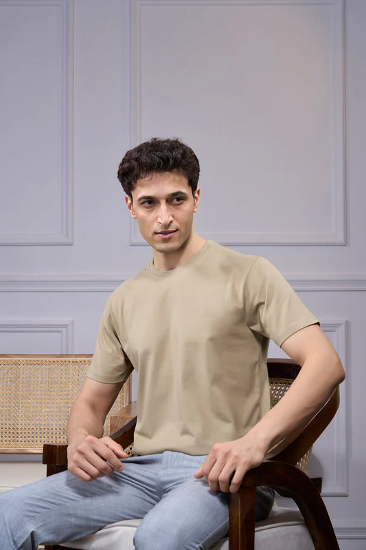 Round Neck & Half Sleeves Bio-Washed Cotton T-shirt ( Beige )