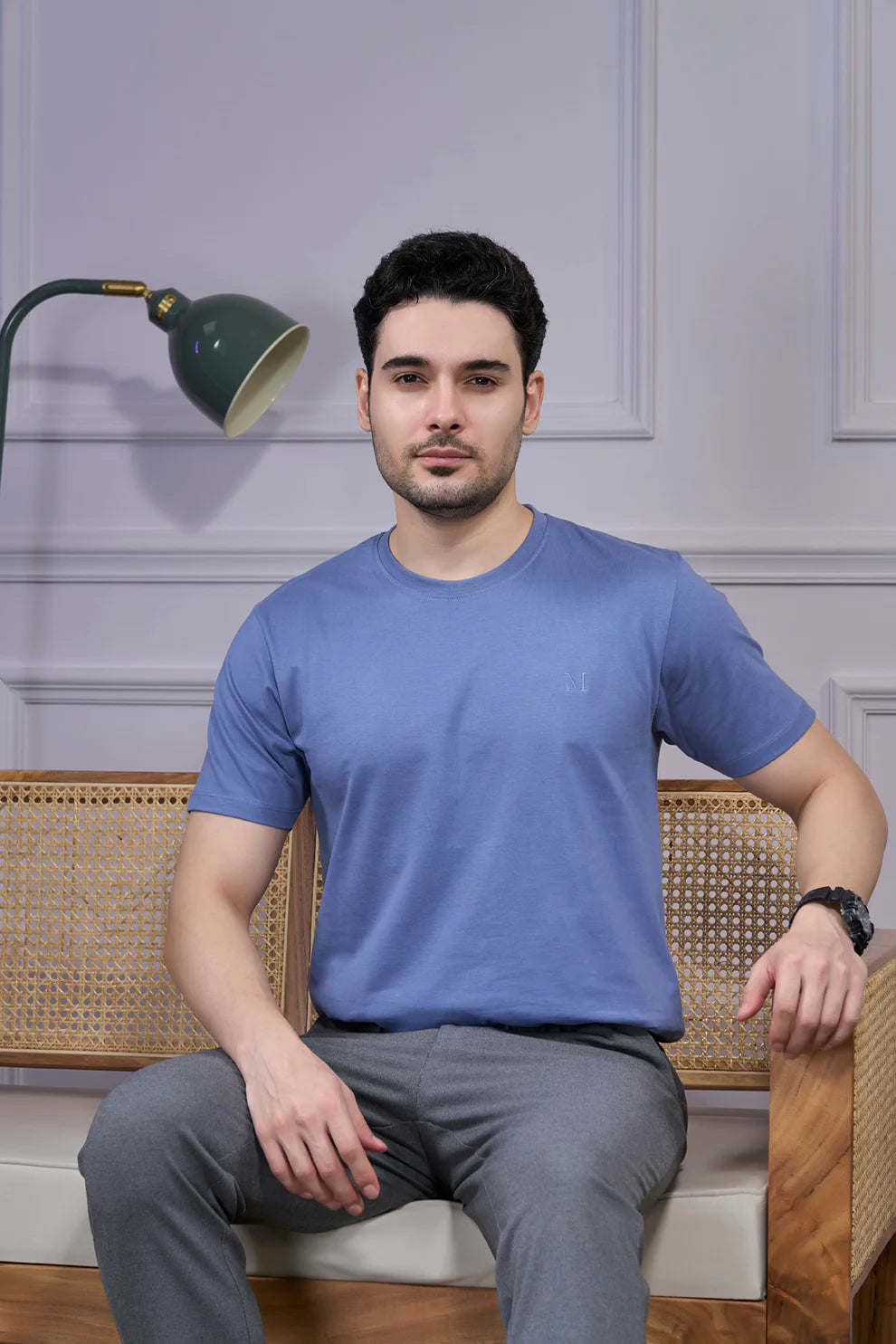 Round Neck & Half Sleeves Bio-Washed Cotton T-shirt ( Blue )