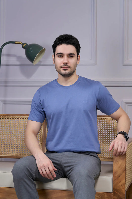 Round Neck & Half Sleeves Bio-Washed Cotton T-shirt ( Blue )