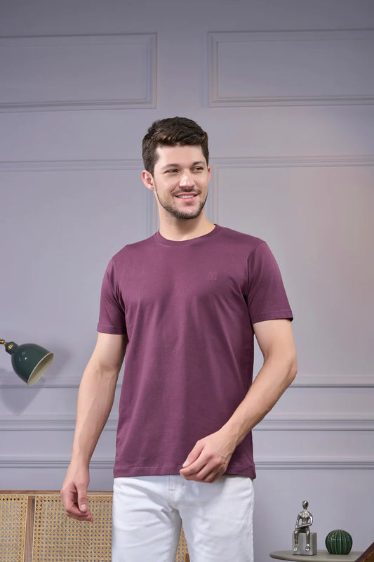 Round Neck & Half Sleeves Bio-Washed Cotton T-shirt ( Dark Purple )