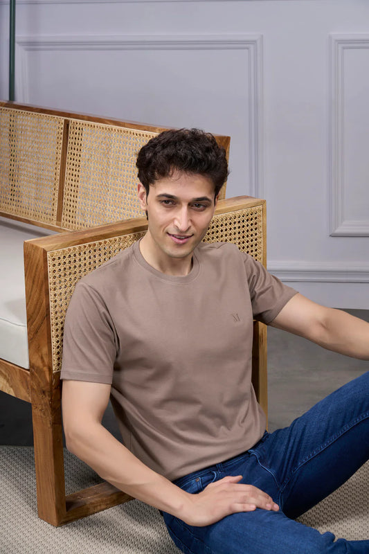 Round Neck & Half Sleeves Bio-Washed Cotton T-shirt ( Light Brown )