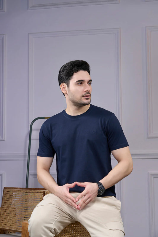 Round Neck & Half Sleeves Bio-Washed Cotton T-shirt ( Navy Blue )