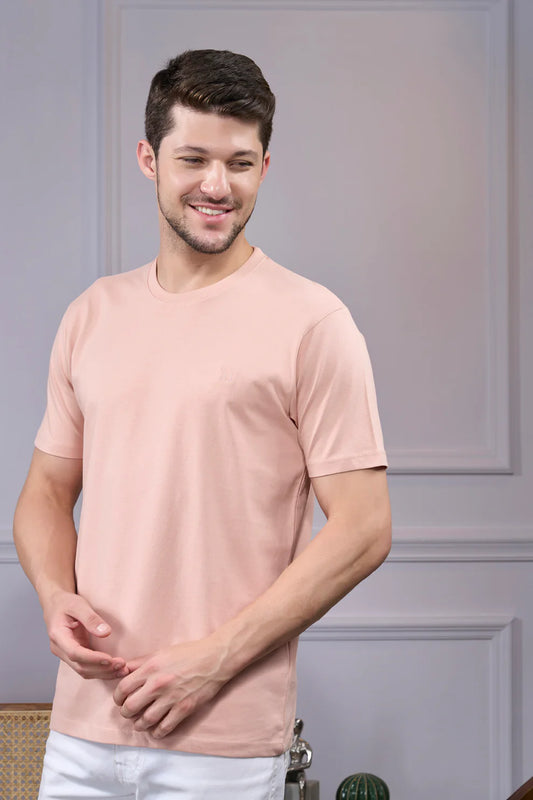 Round Neck & Half Sleeves Bio-Washed Cotton T-shirt ( Light Peach )