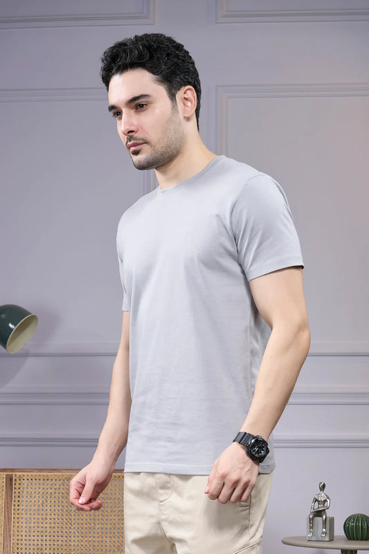 Round Neck & Half Sleeves Bio-Washed Cotton T-shirt ( Light Grey )