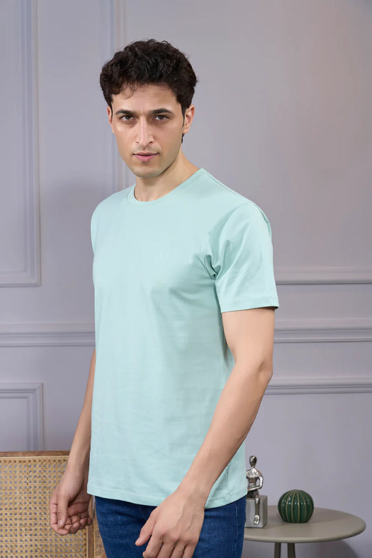 Round Neck & Half Sleeves Bio-Washed Cotton T-shirt ( Light Blue )