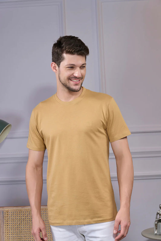 Round Neck & Half Sleeves Bio-Washed Cotton T-shirt ( Mustard Yellow )